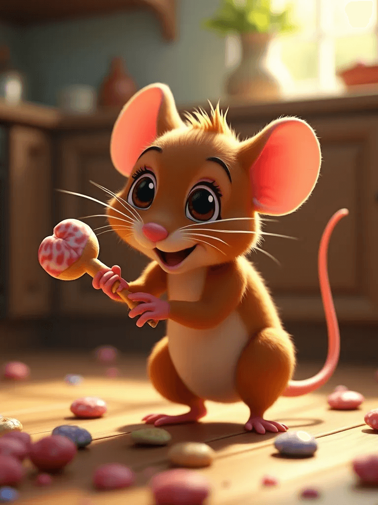 Ophelia kostenloser KI‑Bildgenerator‑Prompt:Disney movie style, a mouse stealing candy, small and flexible body, kitchen env…