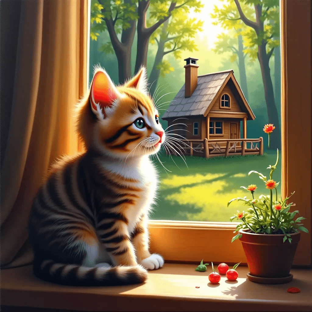 Ophelia generatore di immagini IA gratuito – prompt:Oil painting style, a cute kitten basking in the sun, by the window, with a smal…