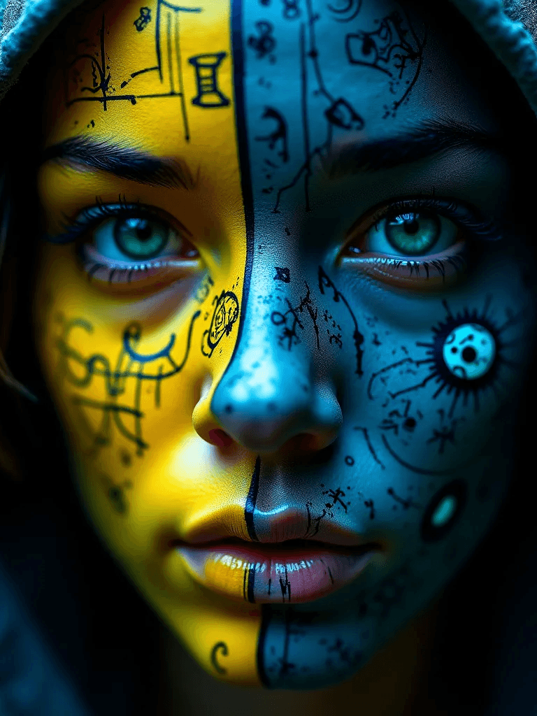 Ophelia 無料AI画像ジェネレーター用プロンプト:A close-up of a face adorned with intricate black and blue patterns. The left si…