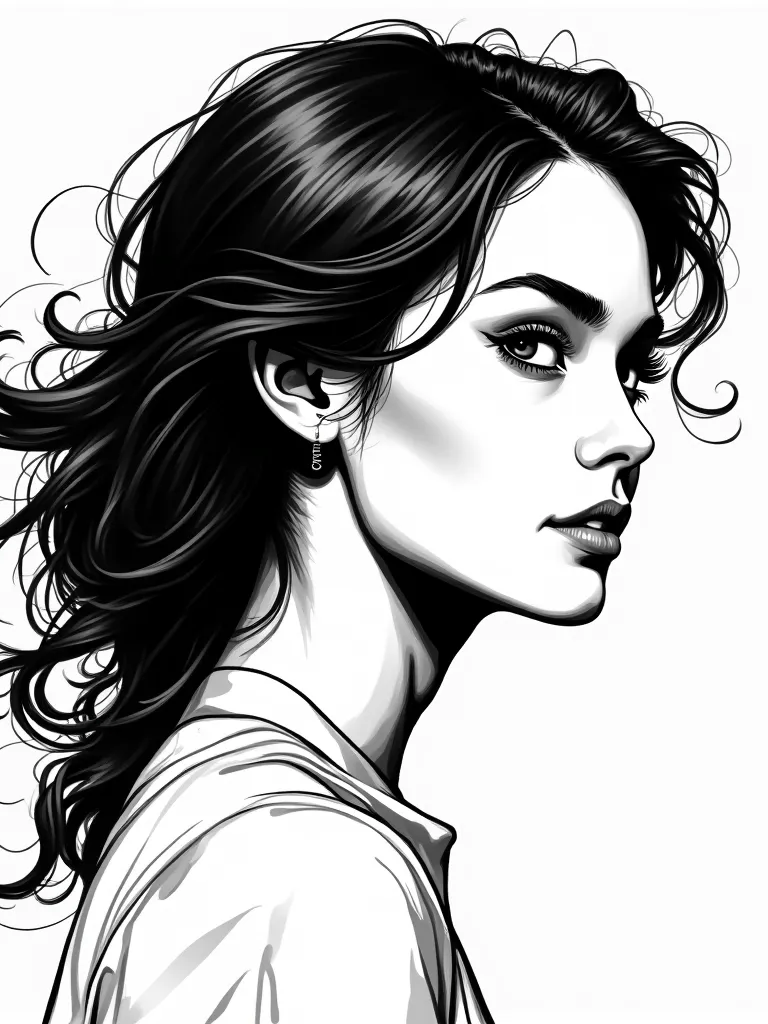 Ophelia เครื่องมือสร้างภาพ AI ฟรี – พรอมต์:Create a black and white ink illustration themed around an artist's portrait, fe…