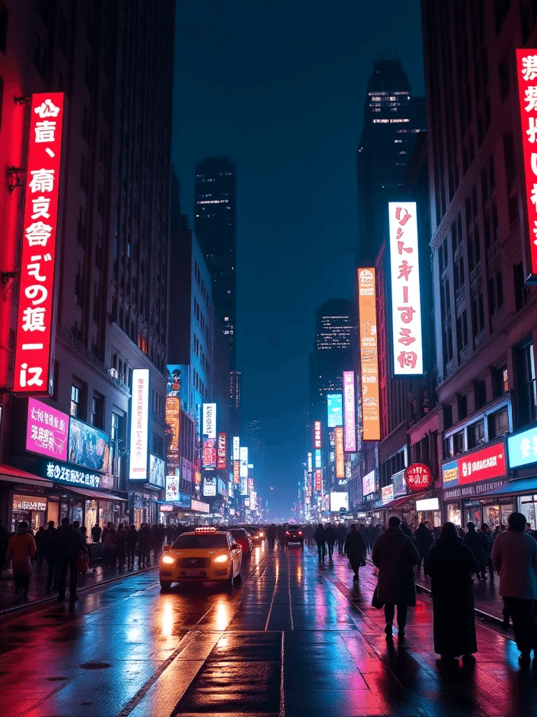Ophelia 免費 AI 圖片生成器提示詞:New York, USA, is a cyberpunk style urban night scene with bright colors, exquis…