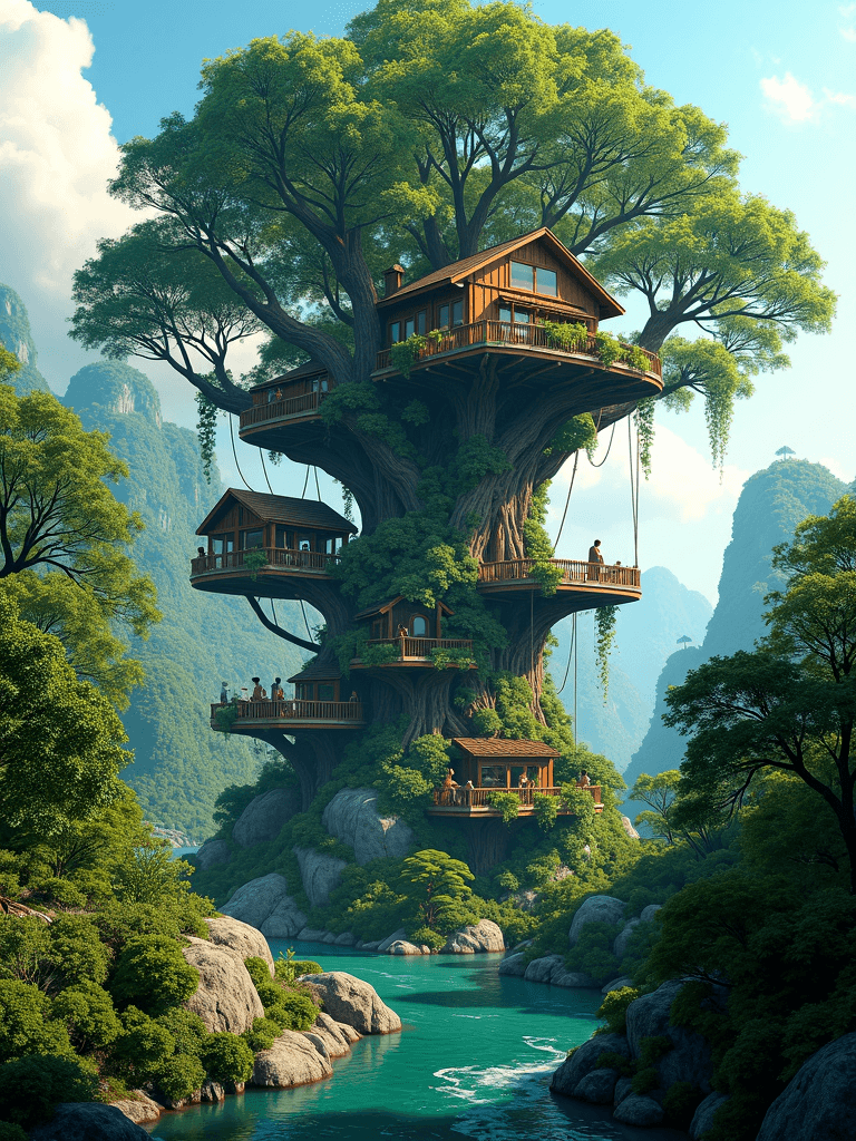 Ophelia generador de imágenes IA gratis – prompt:A giant treehouse city nestled within a magical forest encircled by rivers, rend…