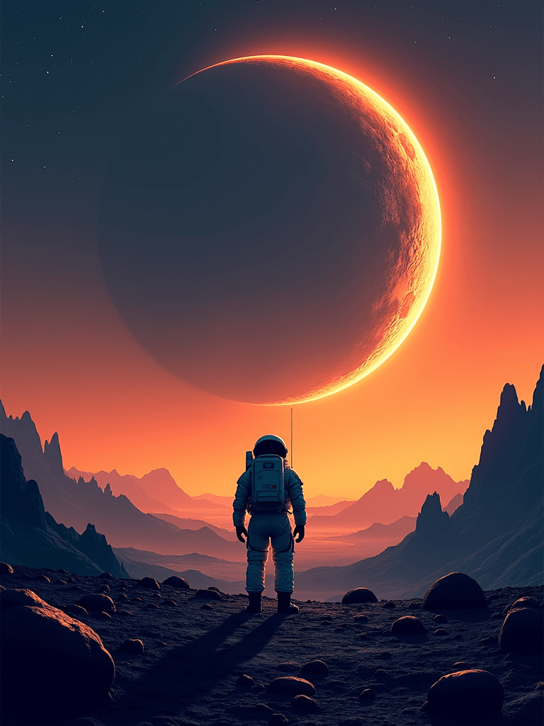 Ophelia generador de imágenes IA gratis – prompt:high quality sci-fi illustration. a lone astronaut in a spacesuit stands on a da…
