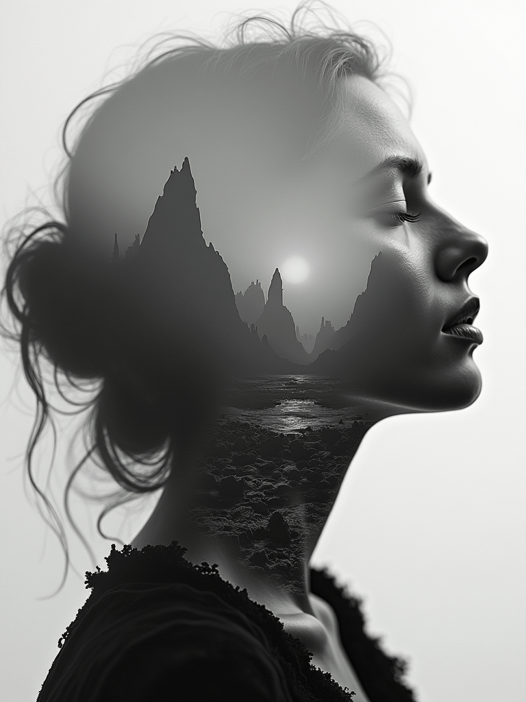 Ophelia free AI image generator prompt:Double exposure black and white photography of a woman’s face, solemn and ethere…