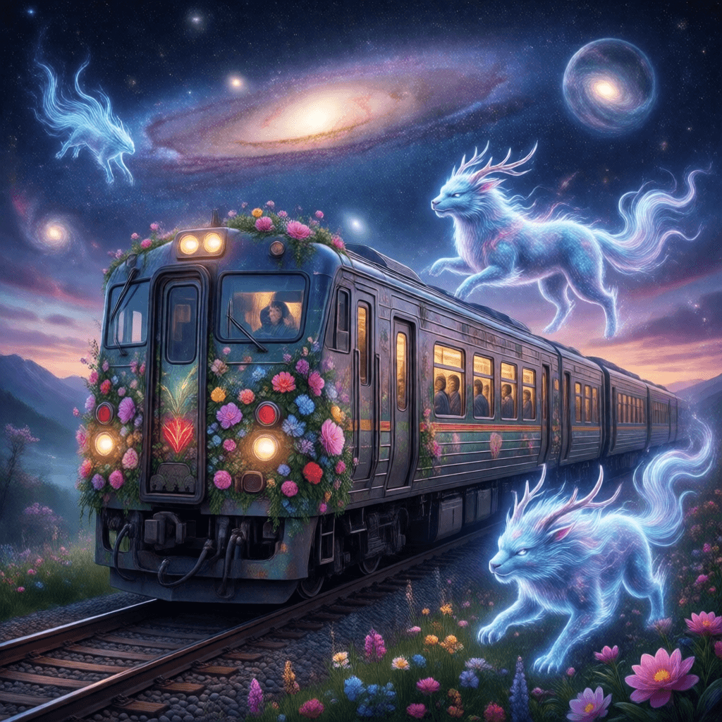 Ophelia เครื่องมือสร้างภาพ AI ฟรี – พรอมต์:Hyperrealistic train detailed with blooming flowers, ethereal cloud animals with…