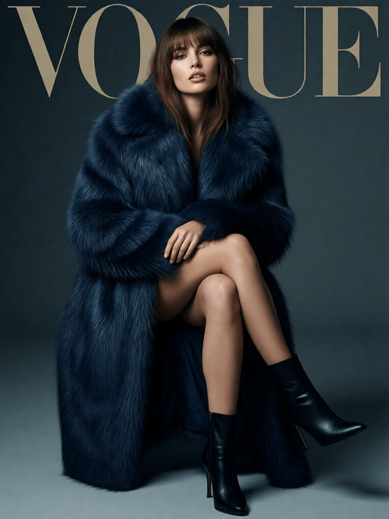 Ophelia 免費 AI 圖片生成器提示詞:Vogue magazine cover photo of a high-fashion female model sitting confidently in…