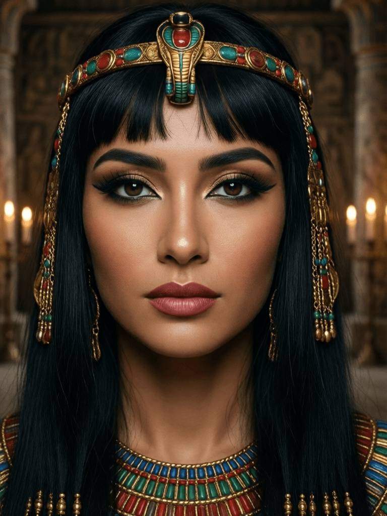 Ophelia free AI image generator prompt:Ancient Egypt, beautiful woman, imperial concubine, close-up shot, exquisite mak…